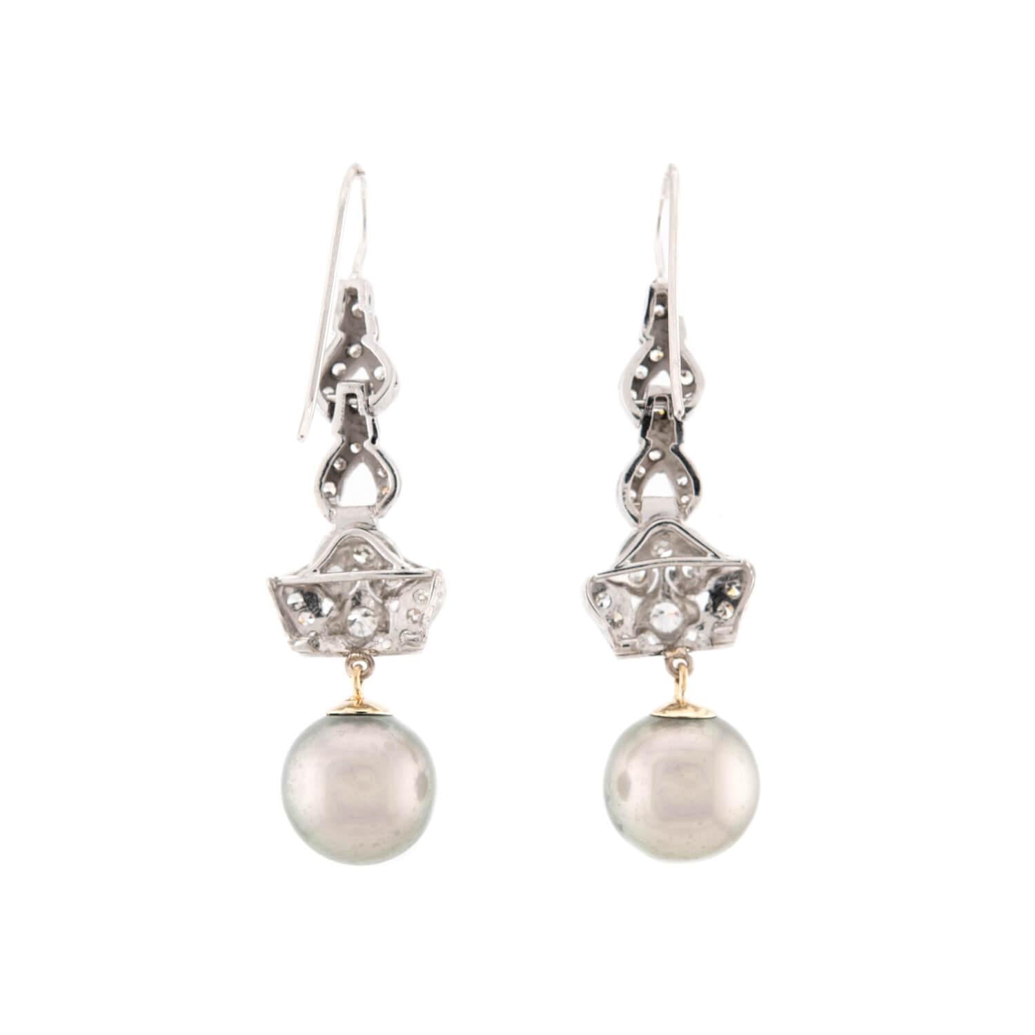 Art Deco Platinum/18k Diamond and Pearl Drop Earrings