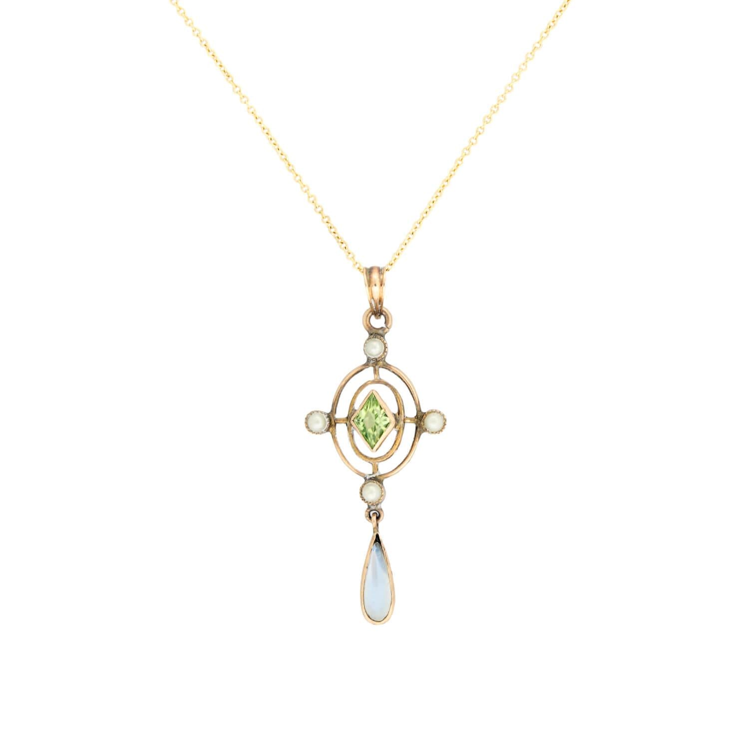 Art Nouveau 10k Lavalier Peridot, Moonstone, and Pearl Necklace