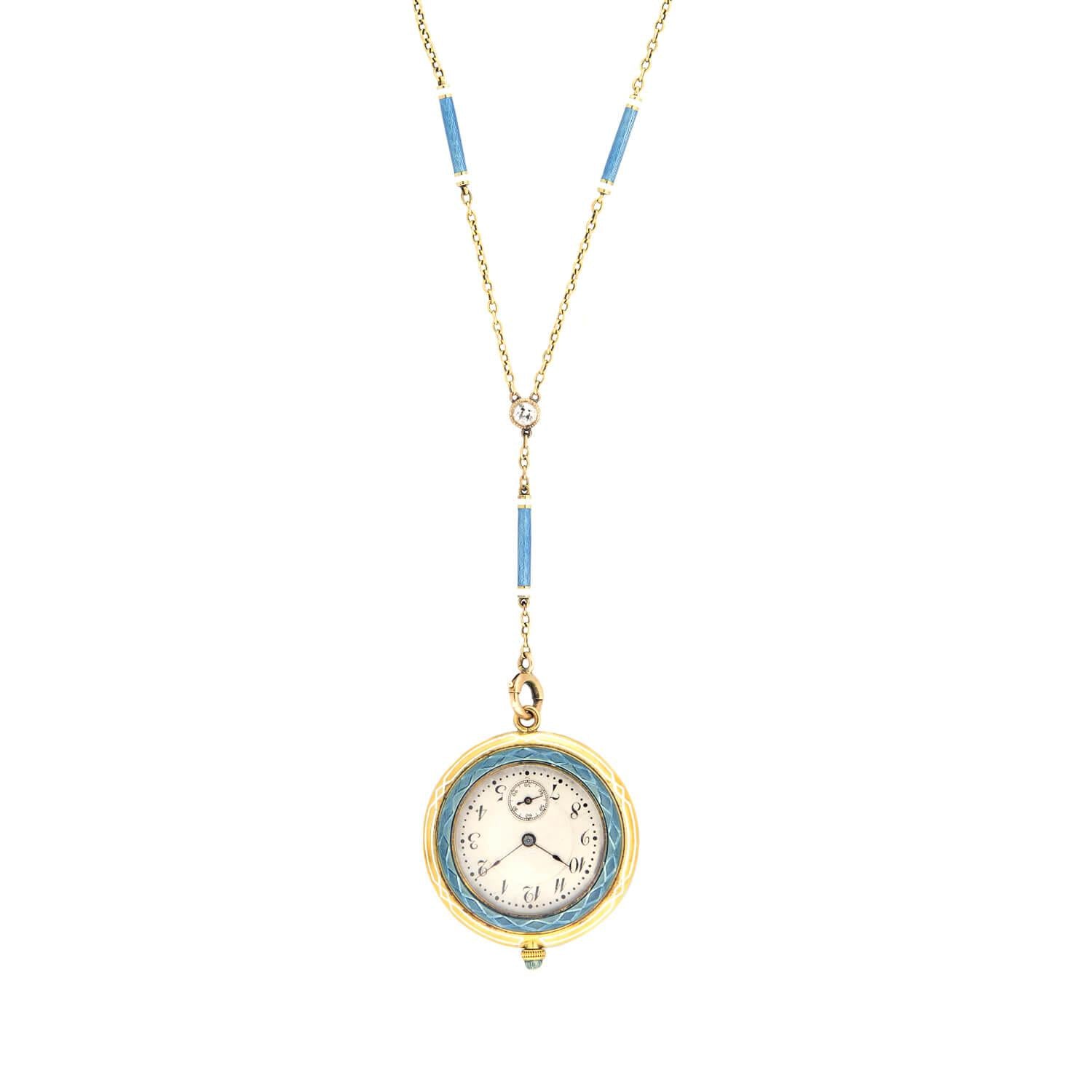Art Deco 18k/Platinum Diamond Blue Enamel Guilloche Watch Pendant Necklace