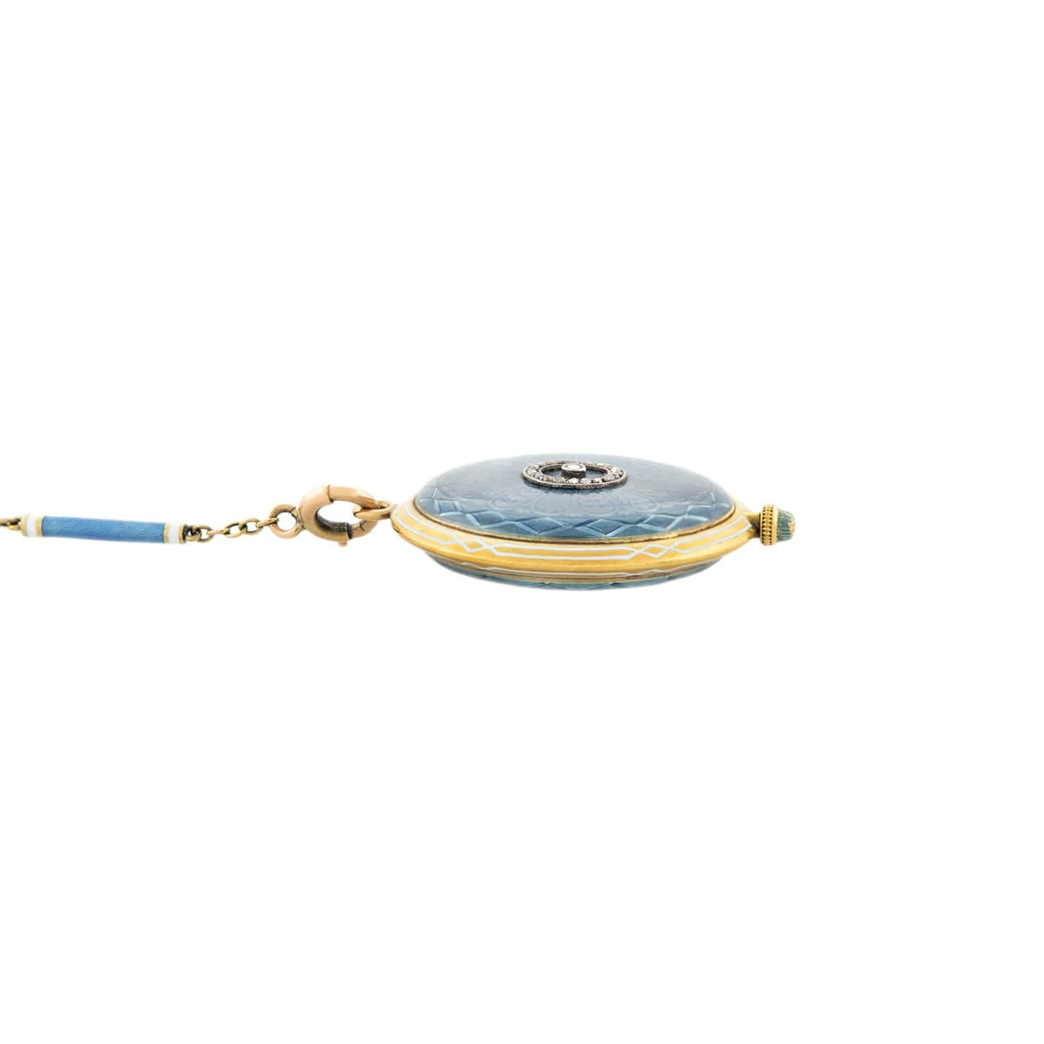Art Deco 18k/Platinum Diamond Blue Enamel Guilloche Watch Pendant Necklace
