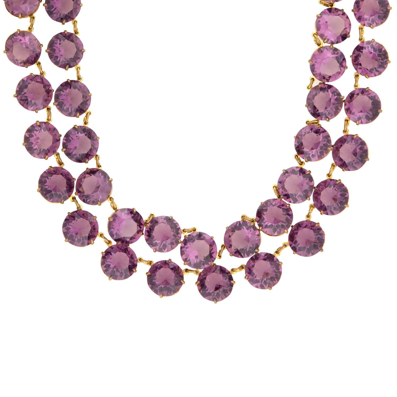 Retro Brass Purple Glass Double Strand Necklace