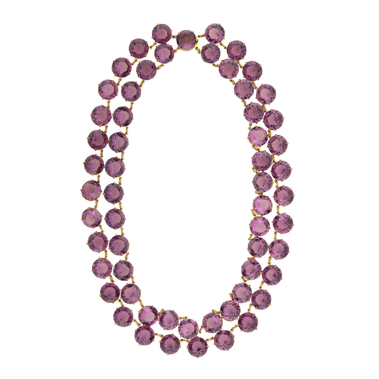 Retro Brass Purple Glass Double Strand Necklace