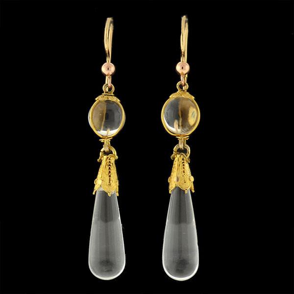 Victorian 14k Rock Quartz Crystal Teardrop Earrings