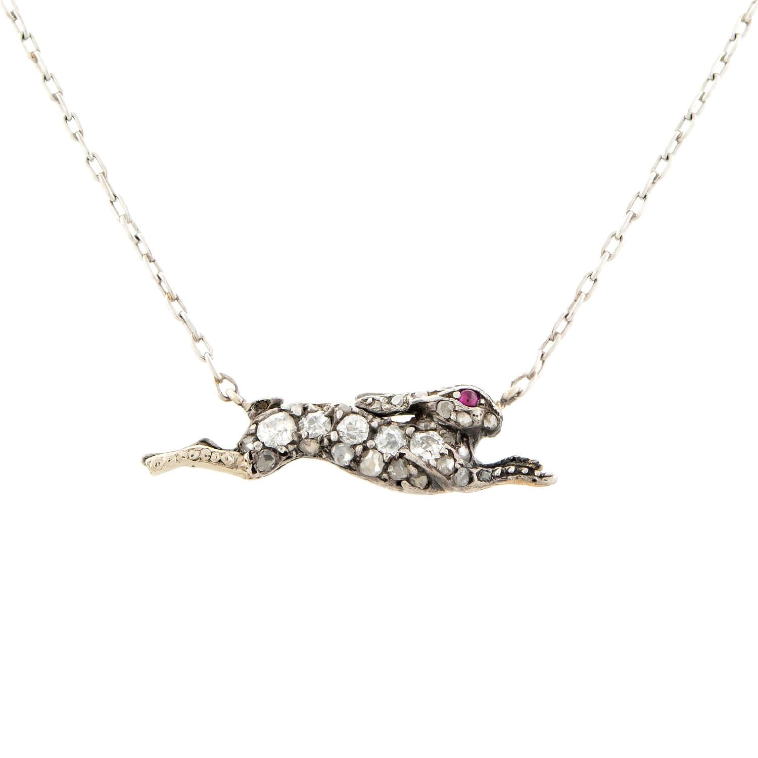 1 Victorian Conversion 9kt/Sterling Diamond Rabbit Pendant Necklace