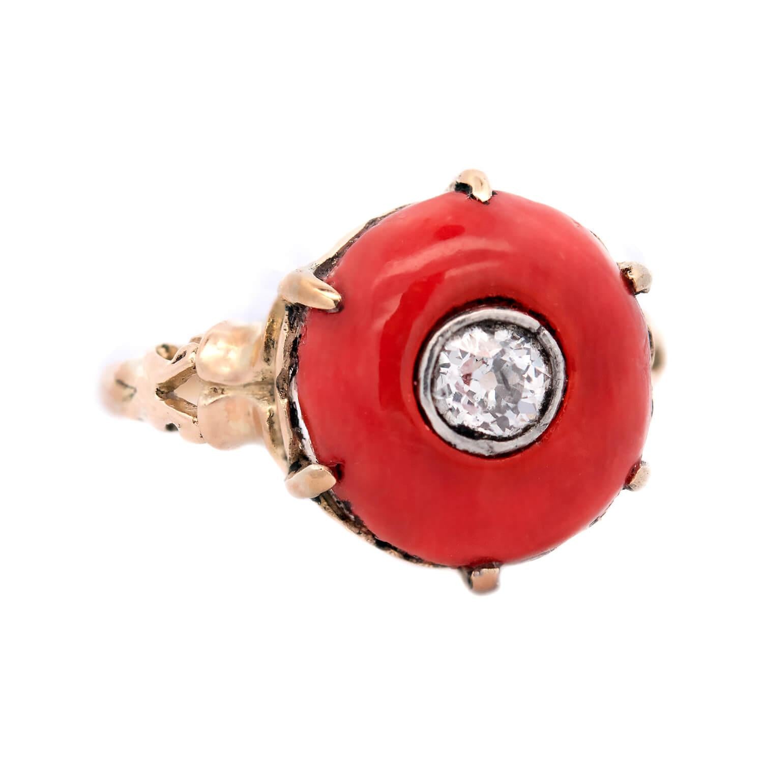 Edwardian 14K/Platinum Diamond and Coral Bead Ring