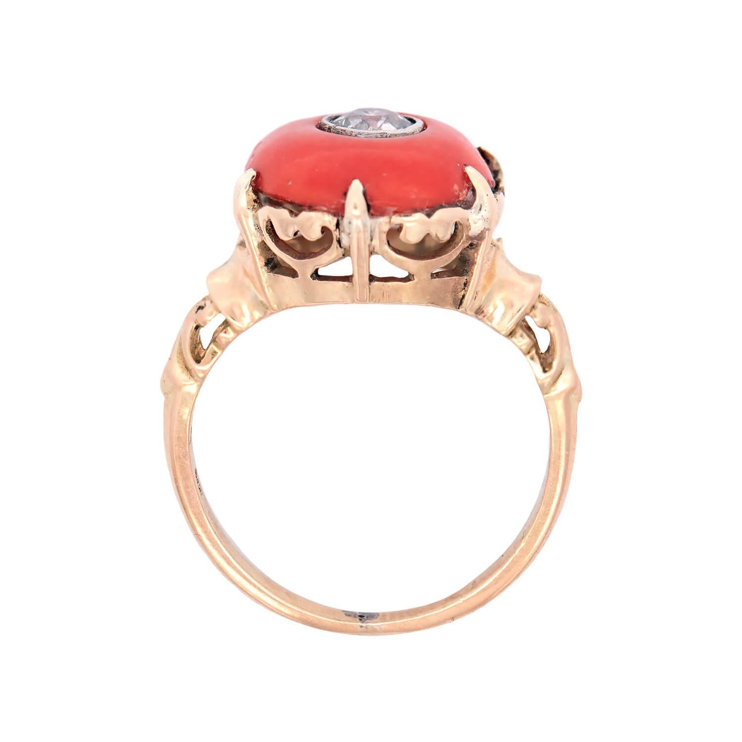 Edwardian 14K/Platinum Diamond and Coral Bead Ring