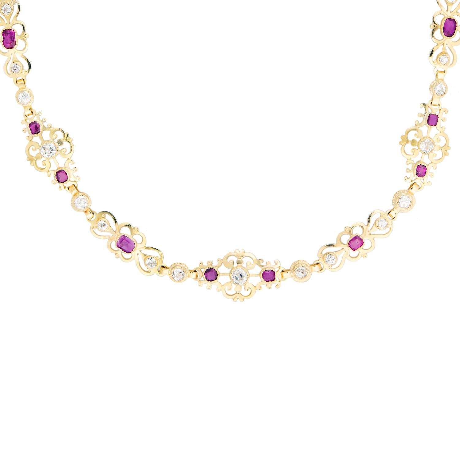 Art Deco Austrian 18k Diamond and Ruby Scrolling Panel Link Necklace