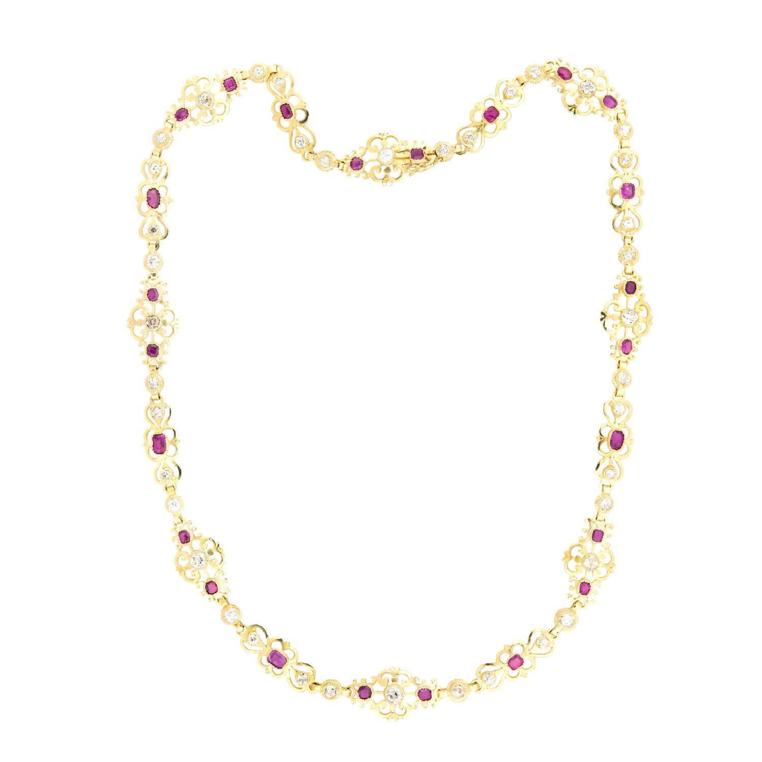 Art Deco Austrian 18k Diamond and Ruby Scrolling Panel Link Necklace
