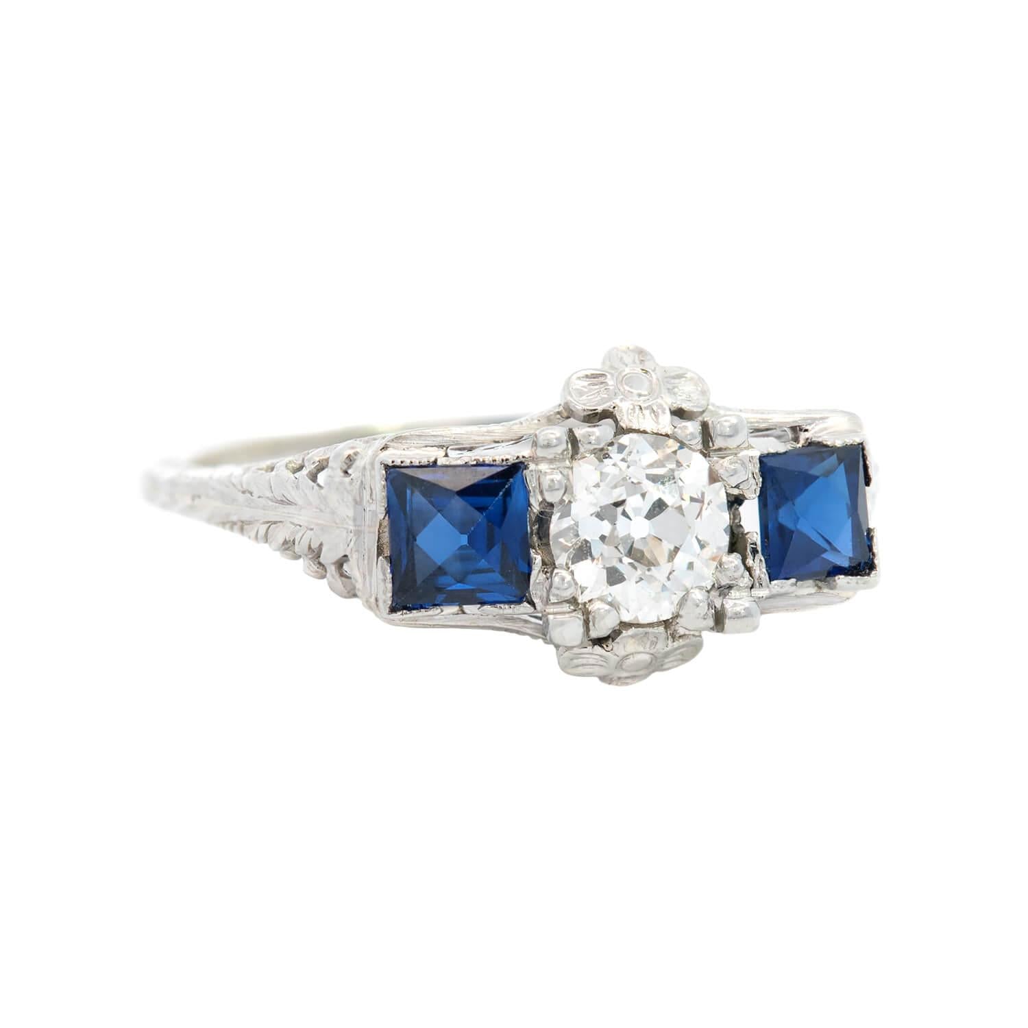 Art Deco Platinum Diamond and Sapphire Engagement Ring