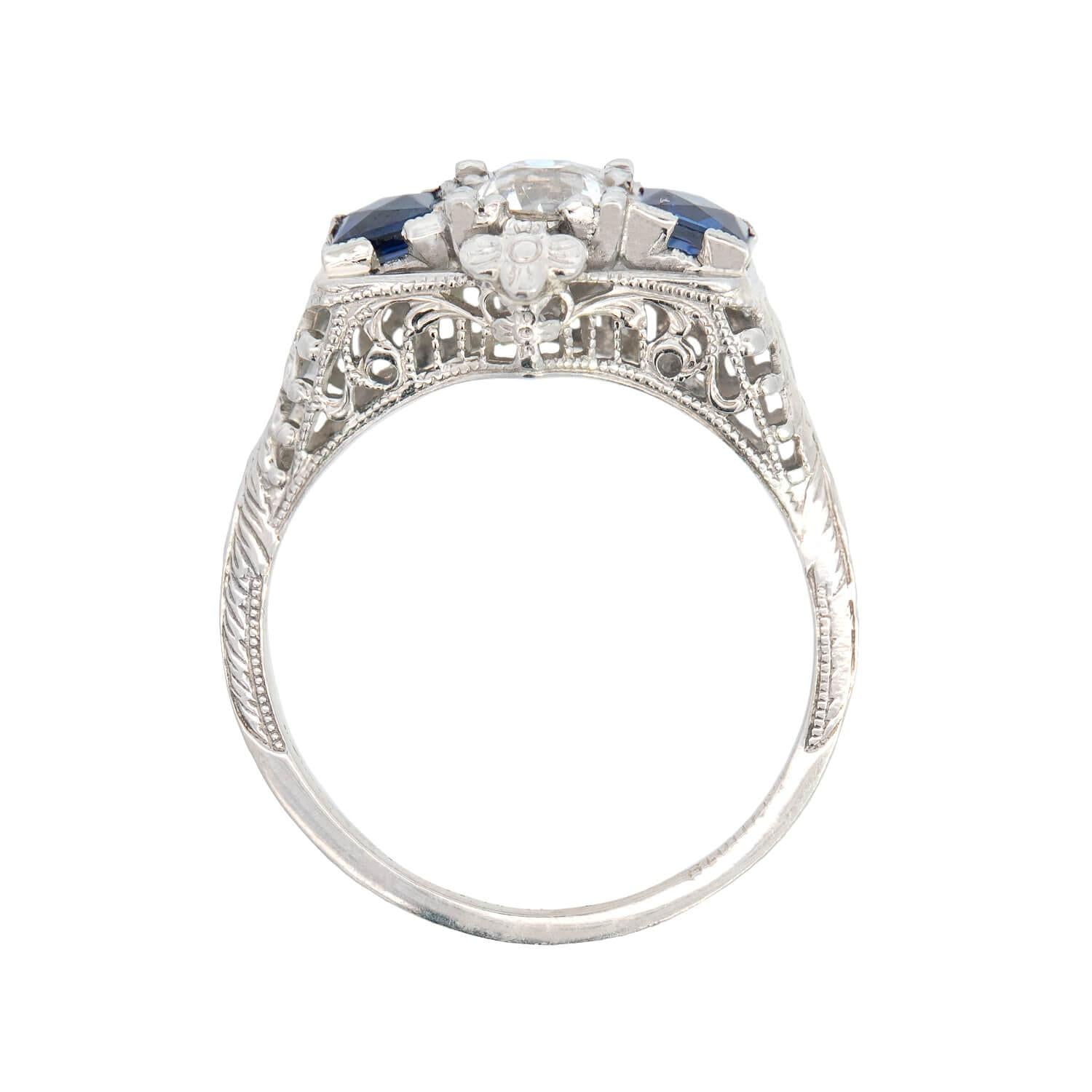 Art Deco Platinum Diamond and Sapphire Engagement Ring