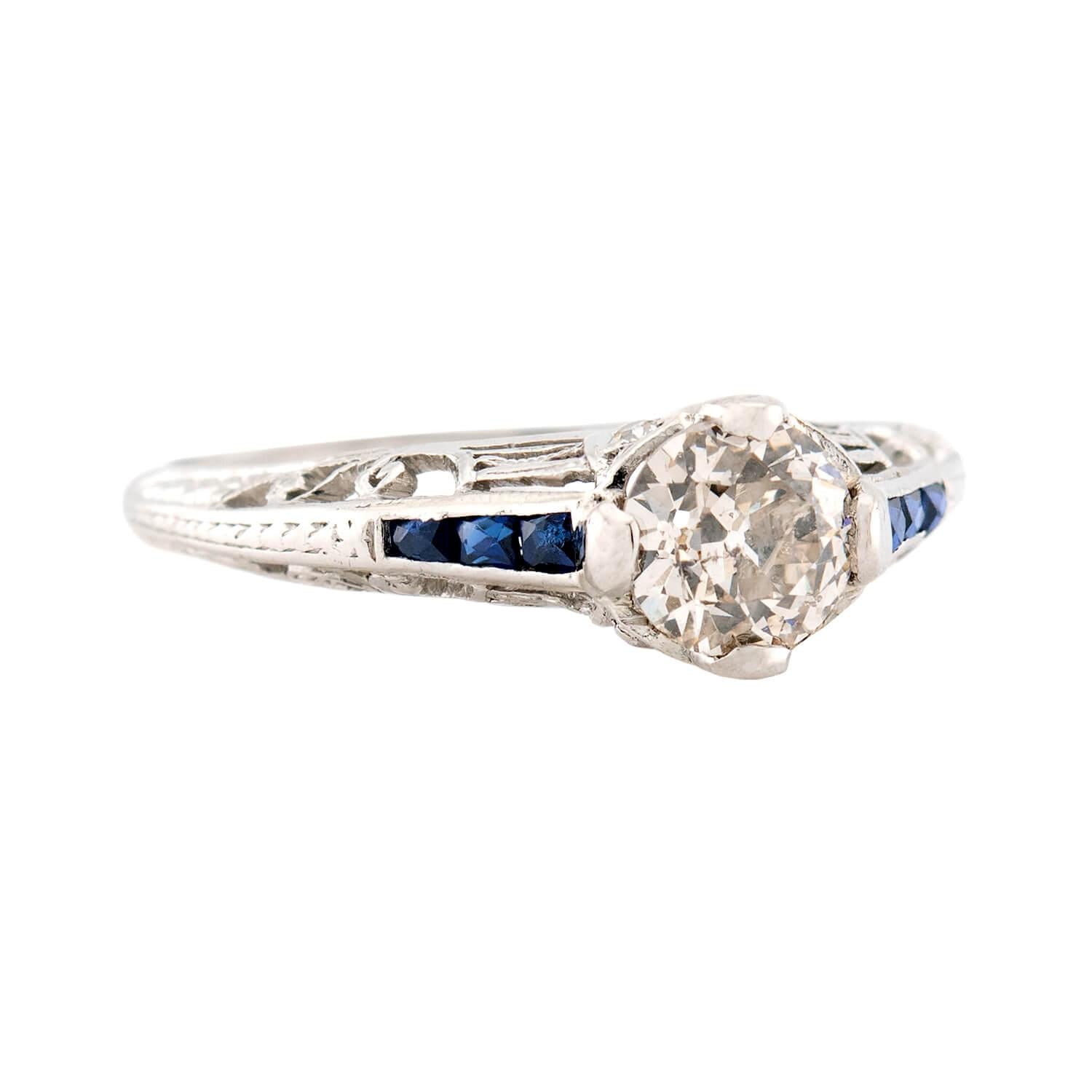 Art Deco Platinum Diamond Sapphire Engagement Ring