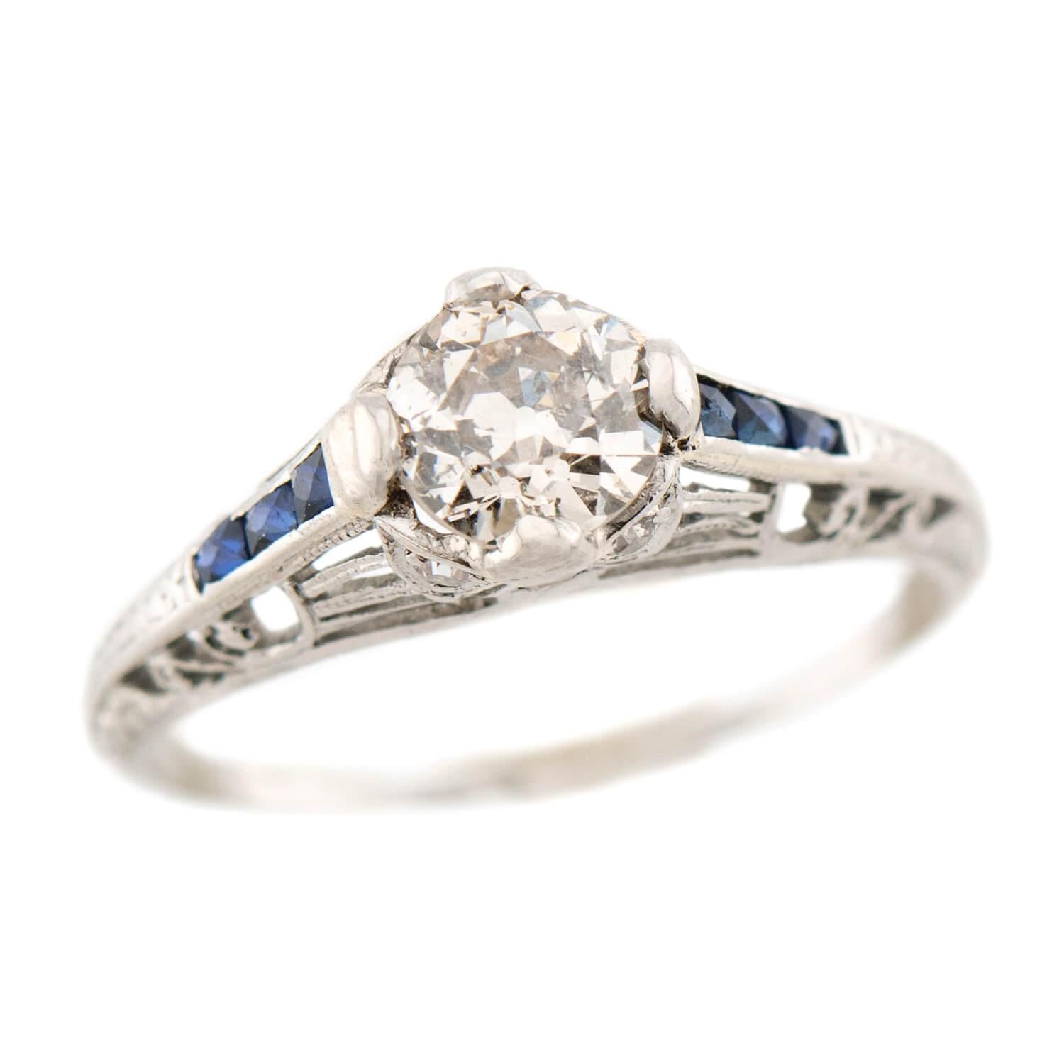 Art Deco Platinum Diamond Sapphire Engagement Ring