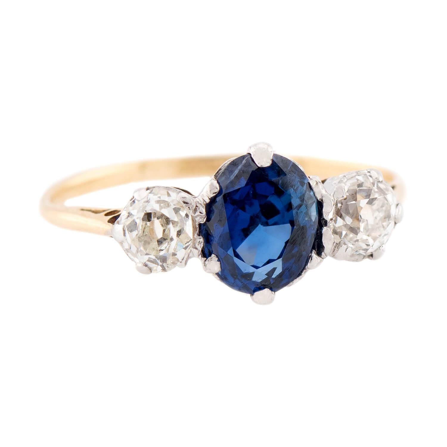 Edwardian 18K/Platinum Sapphire and Diamond Three Stone Ring