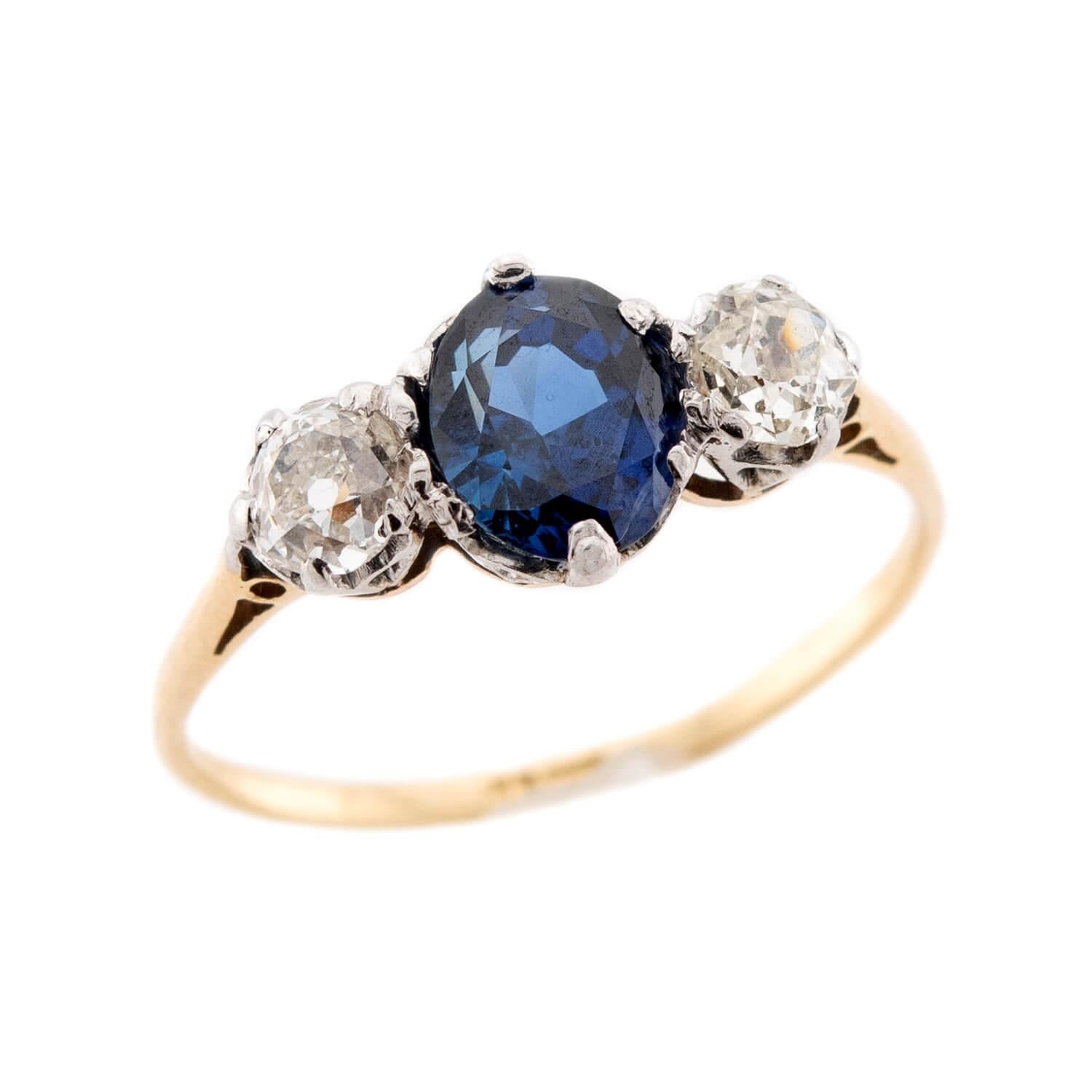 Edwardian 18K/Platinum Sapphire and Diamond Three Stone Ring