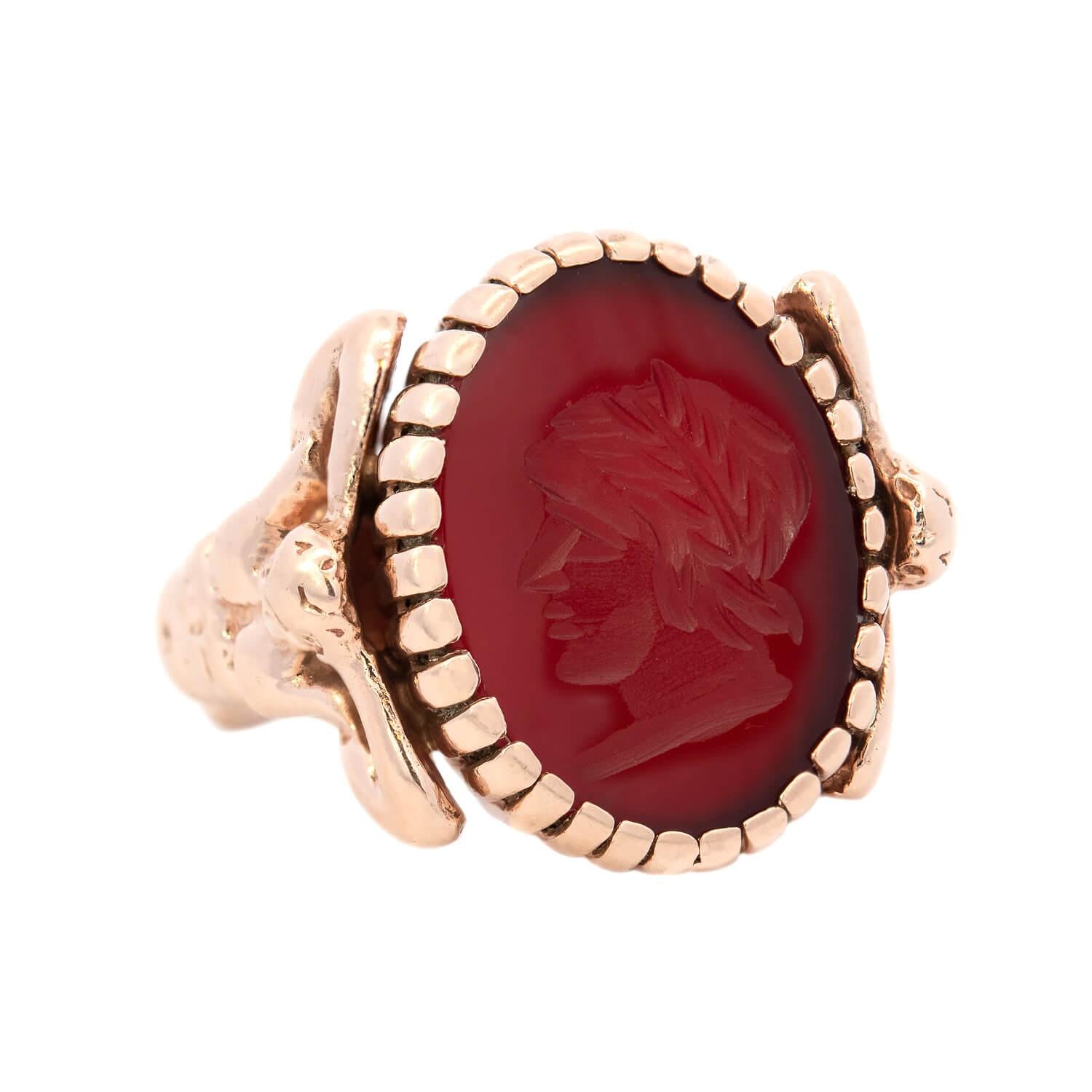 Edwardian 14k Carnelian Intaglio Atlas Signet Ring