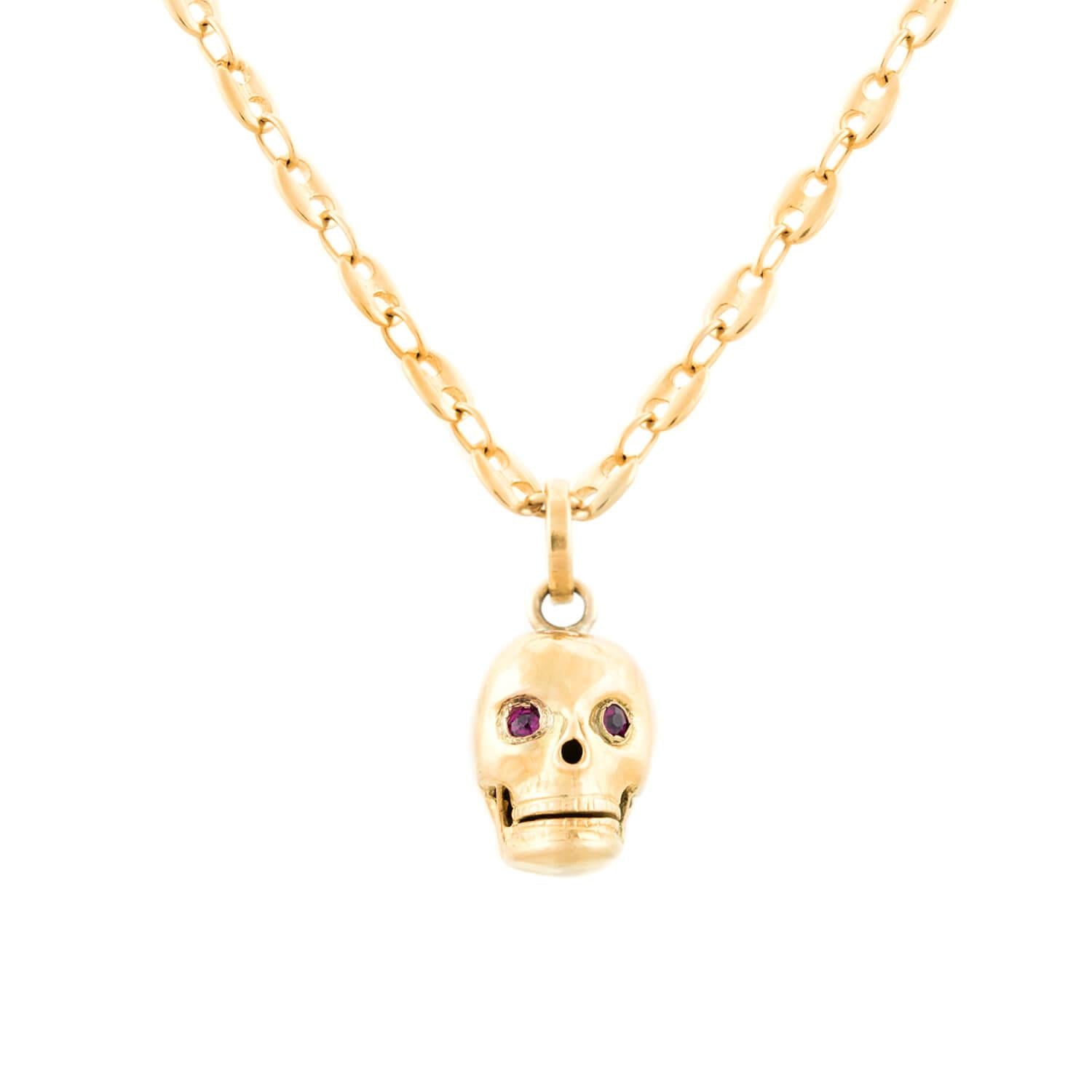Late Victorian 14k Ruby Skull Charm with Mariner Link Chain