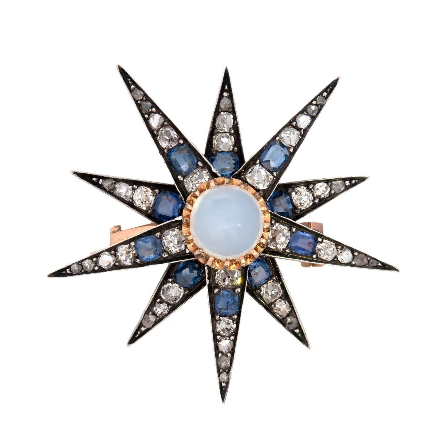 Victorian 14k/Sterling Silver Moonstone, Diamond & Sapphire Star Pendant Pin