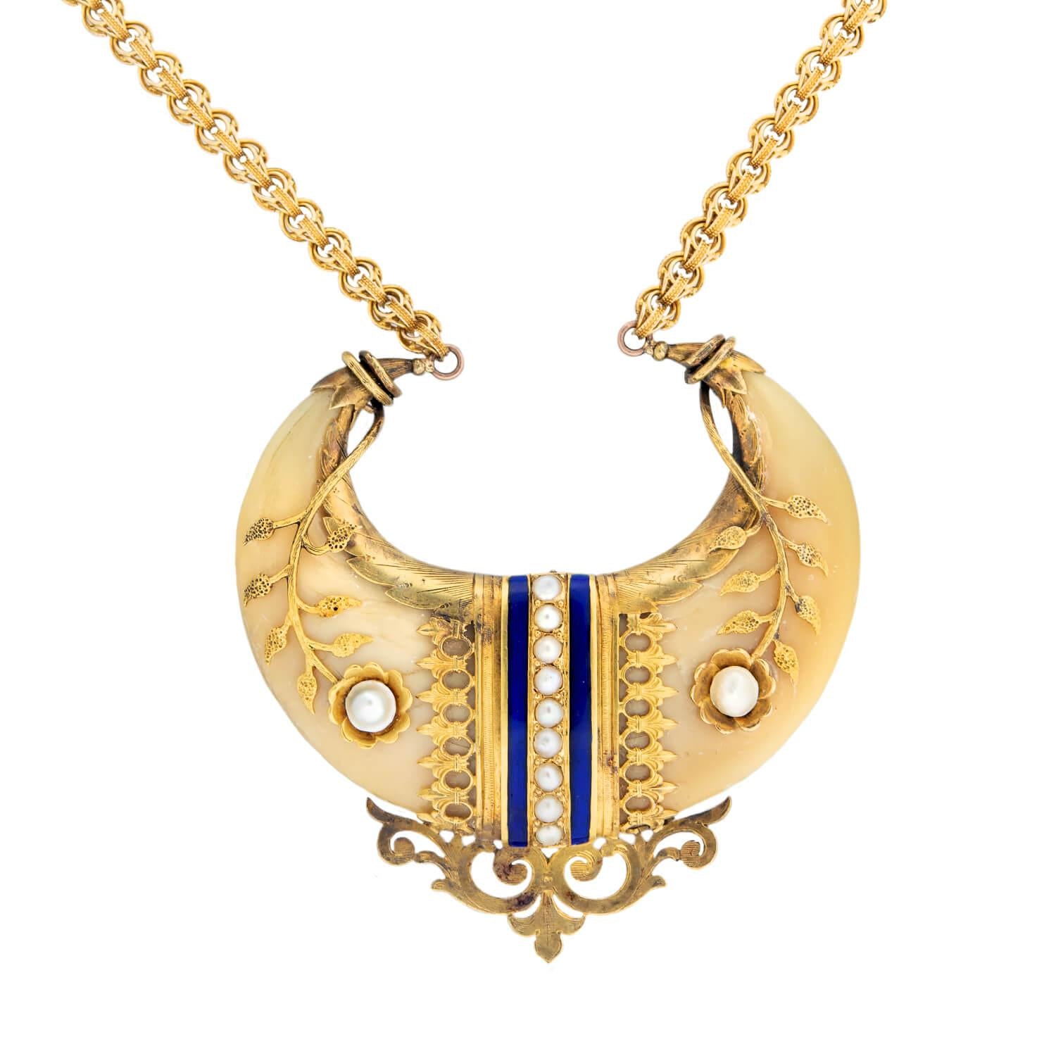 Victorian 14k Pearl Enameled Double Tiger Claw Pendant Necklace