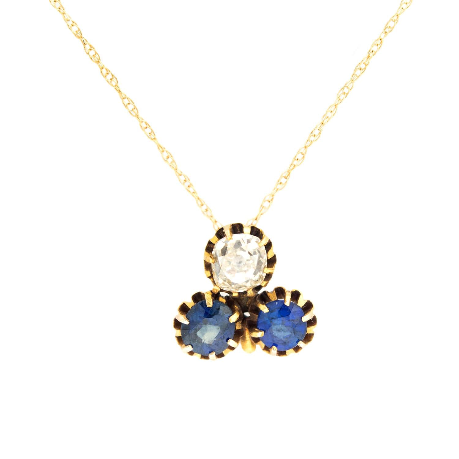 Victorian 14k Diamond and Sapphire Trefoil Flower Pendant