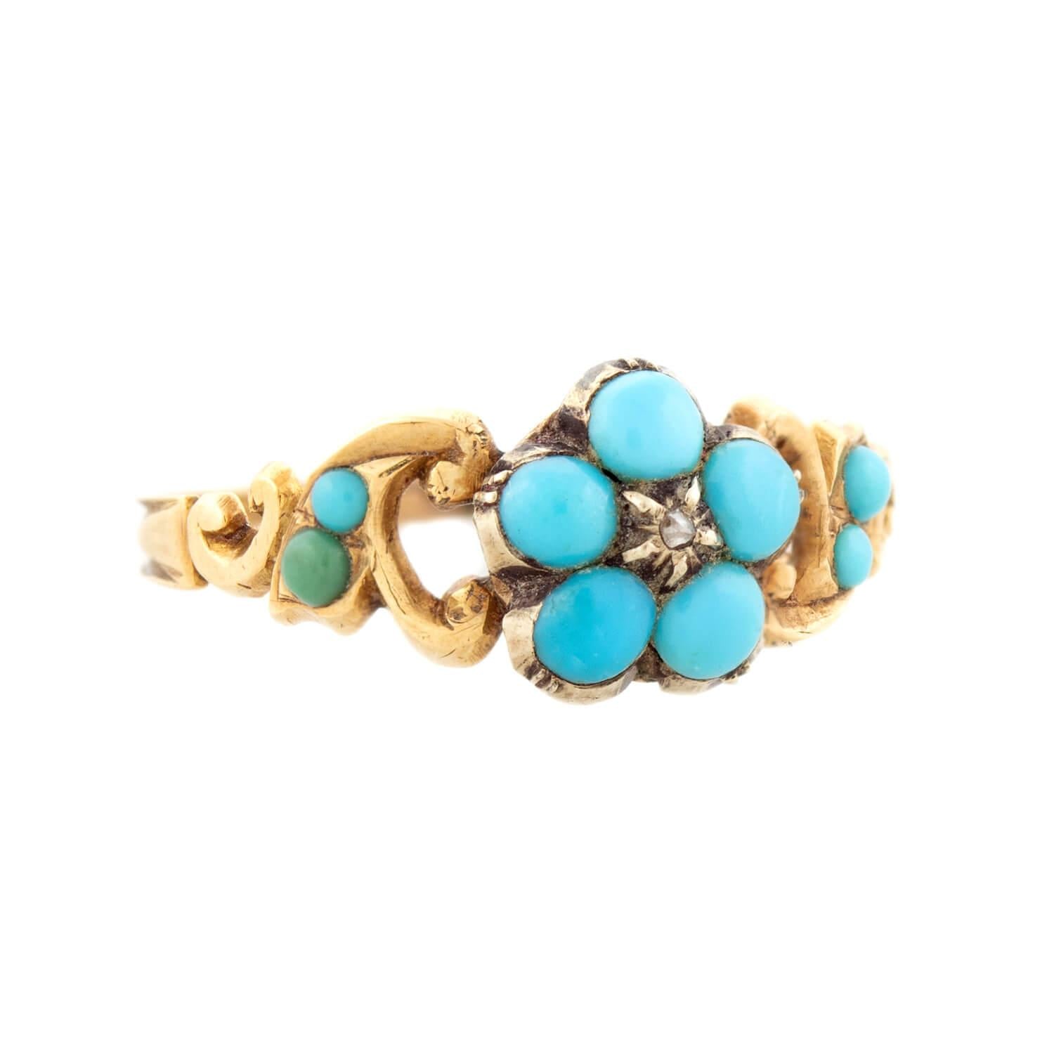 Victorian 15k Turquoise and Diamond Forget-Me-Not Locket Ring