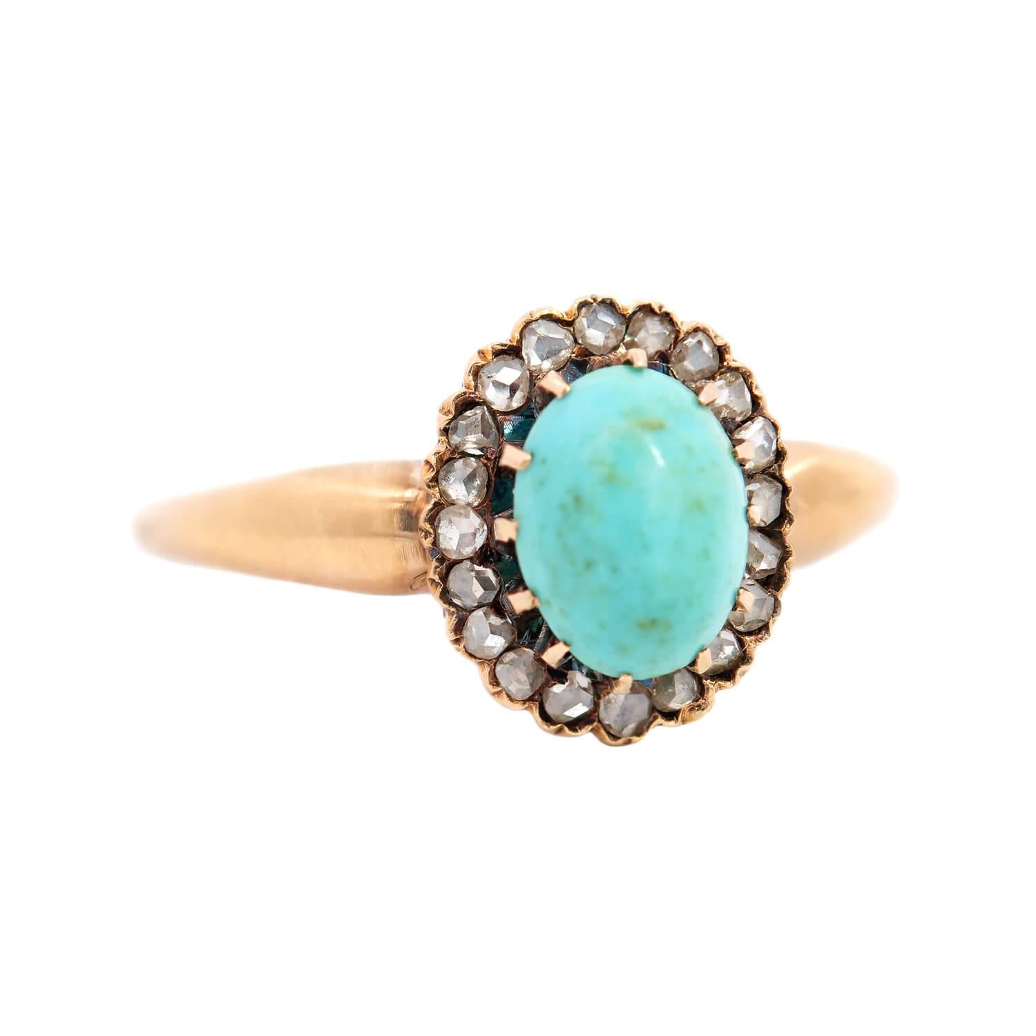 Victorian 14k Turquoise and Diamond Halo Ring