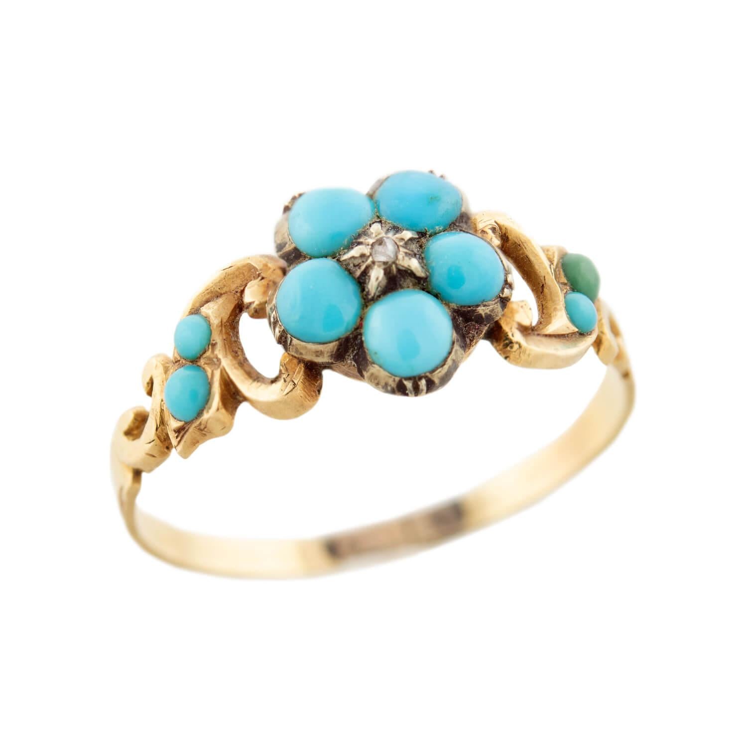 Victorian 15k Turquoise and Diamond Forget-Me-Not Locket Ring