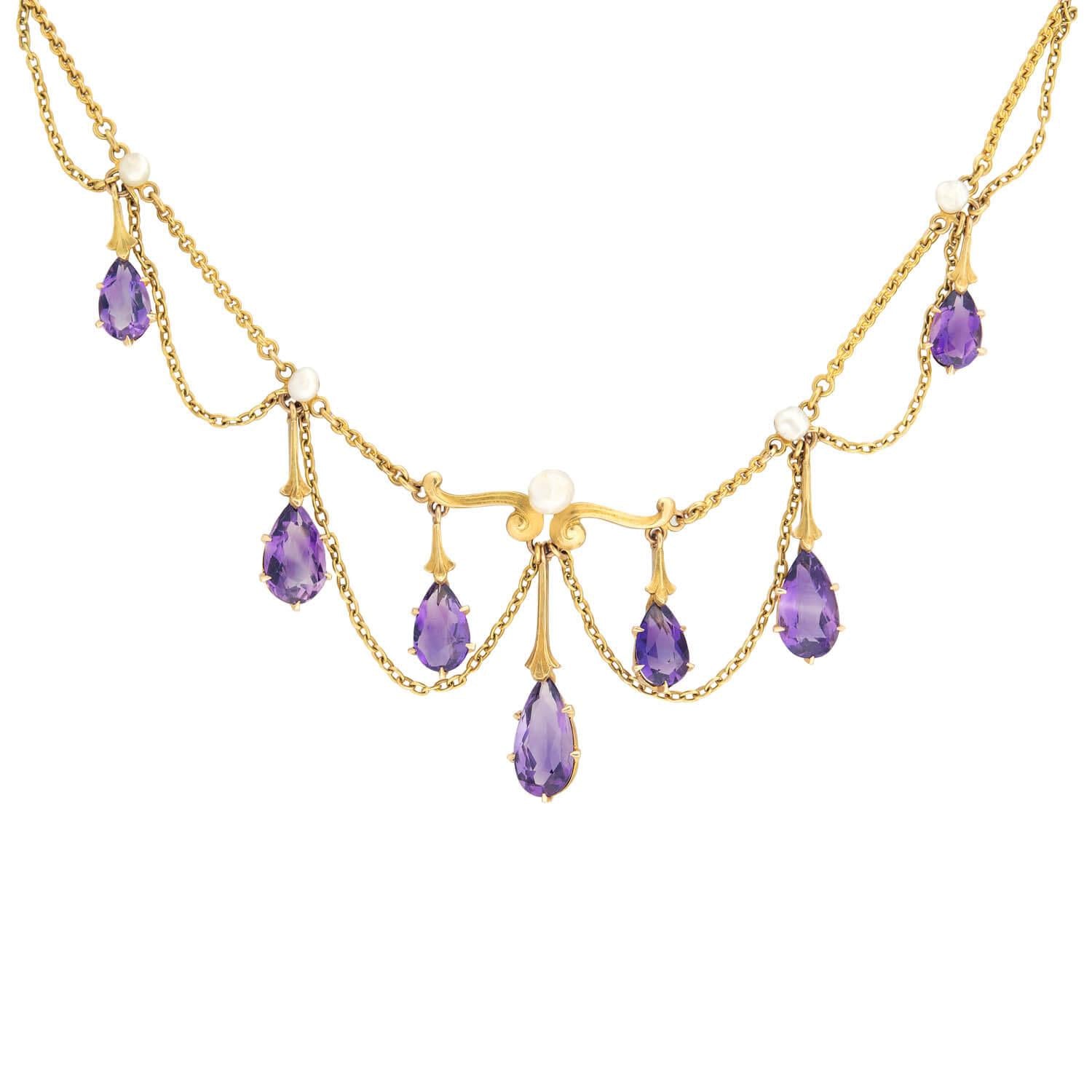 Victorian 14k Amethyst & Pearl Festoon Necklace