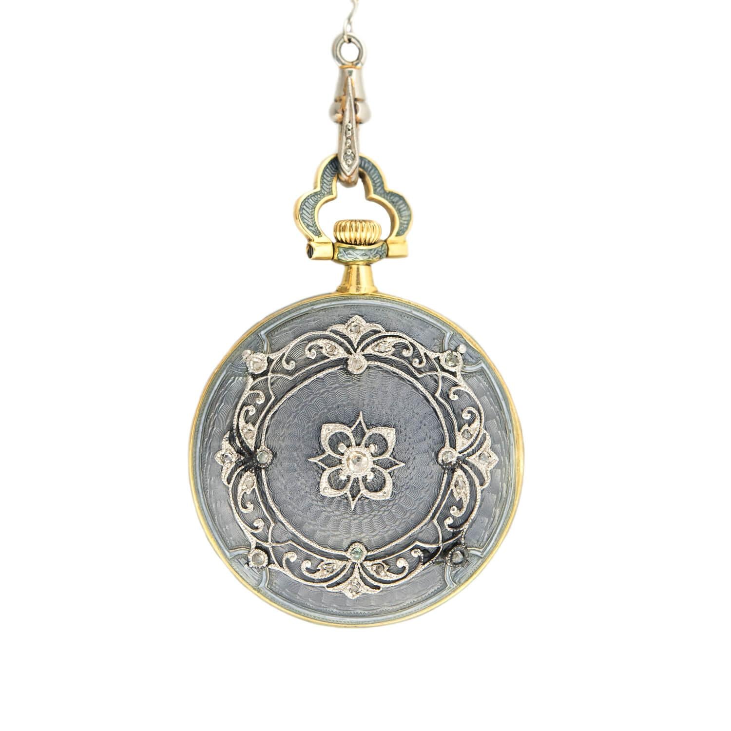 Edwardian 18k/Platinum Blue Enameled Pocket Watch and Lorgnette Chain