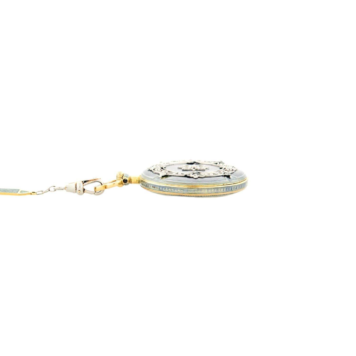 Edwardian 18k/Platinum Blue Enameled Pocket Watch and Lorgnette Chain