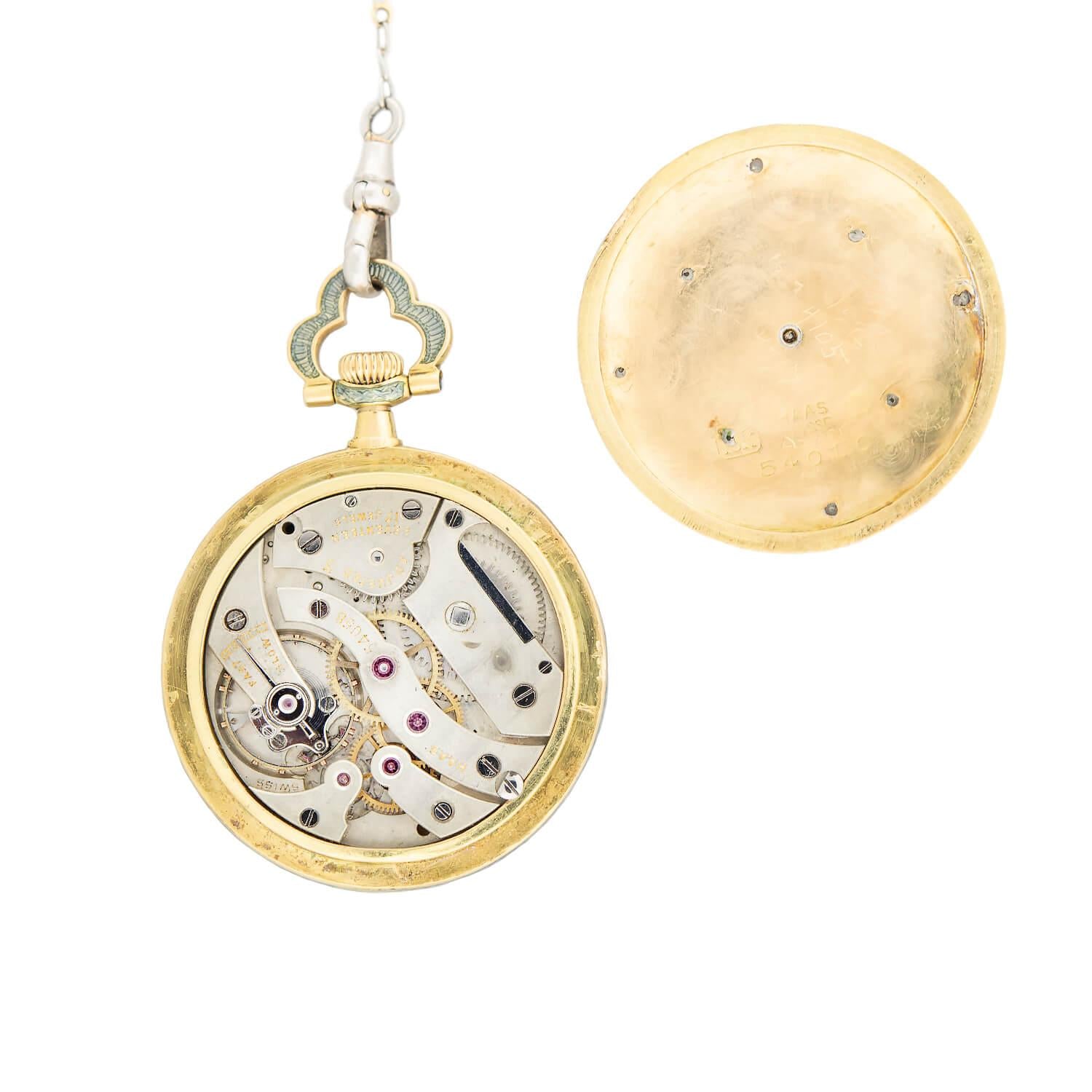 Edwardian 18k/Platinum Blue Enameled Pocket Watch and Lorgnette Chain