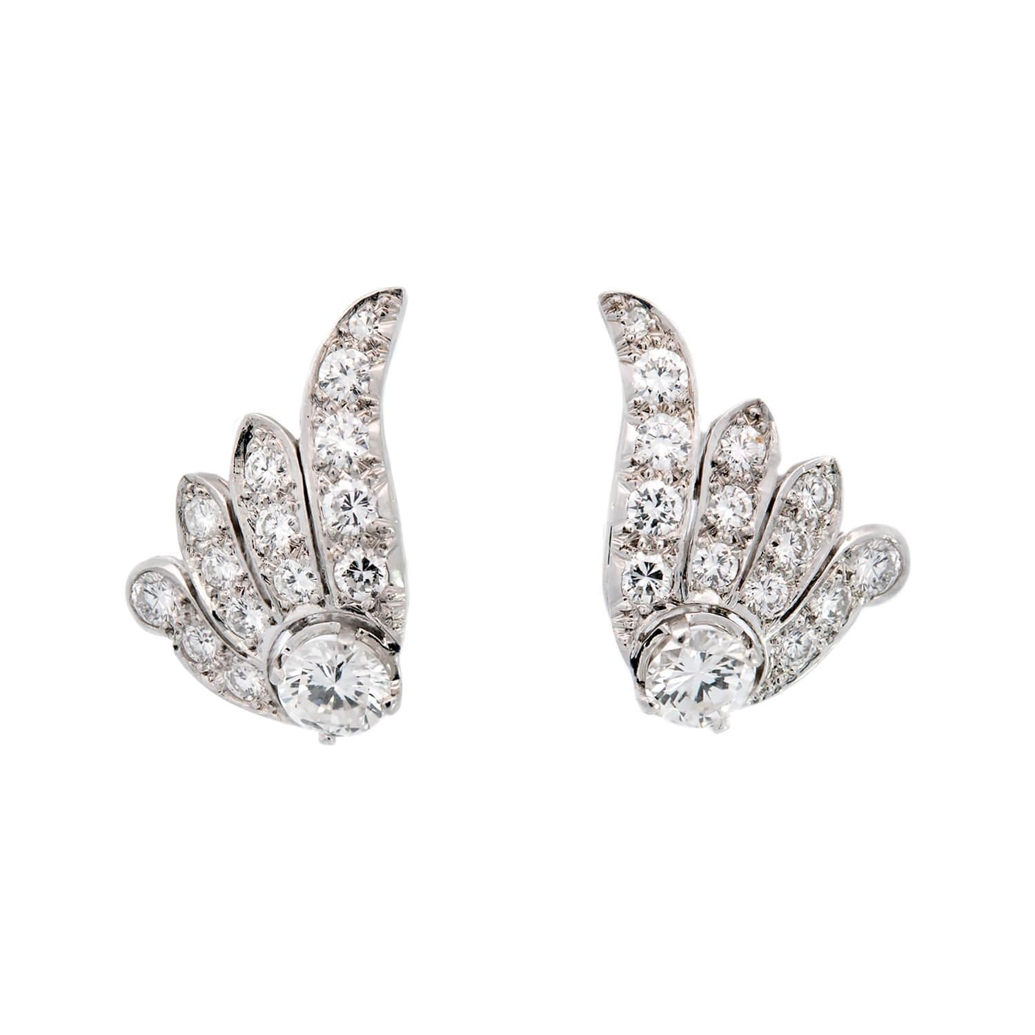 Retro Platinum and Diamond Wing Earrings