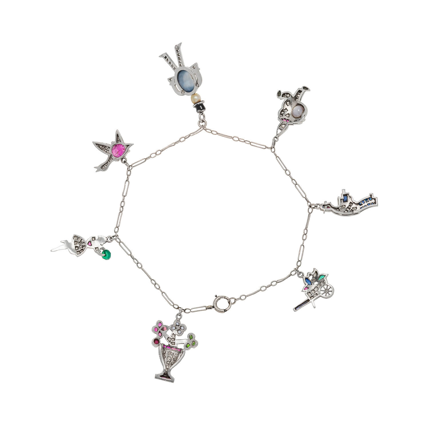 Art Deco Platinum Multi Stone Charm Bracelet