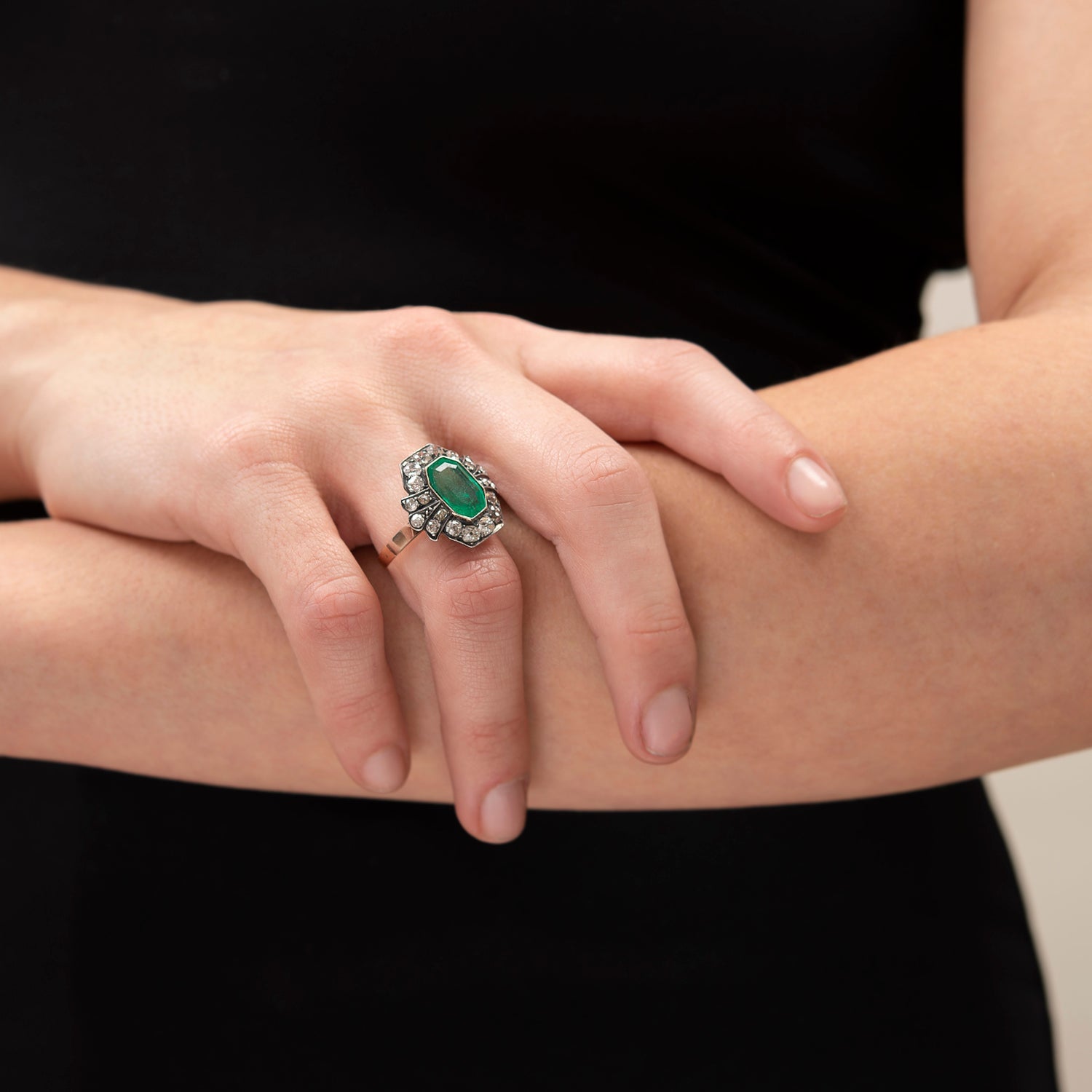 Victorian 15k + Sterling 3.50ctw Emerald + Diamond Cluster Ring