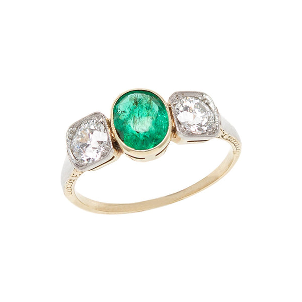 Edwardian 18k & Platinum Diamond & Emerald 3-Stone Ring – A