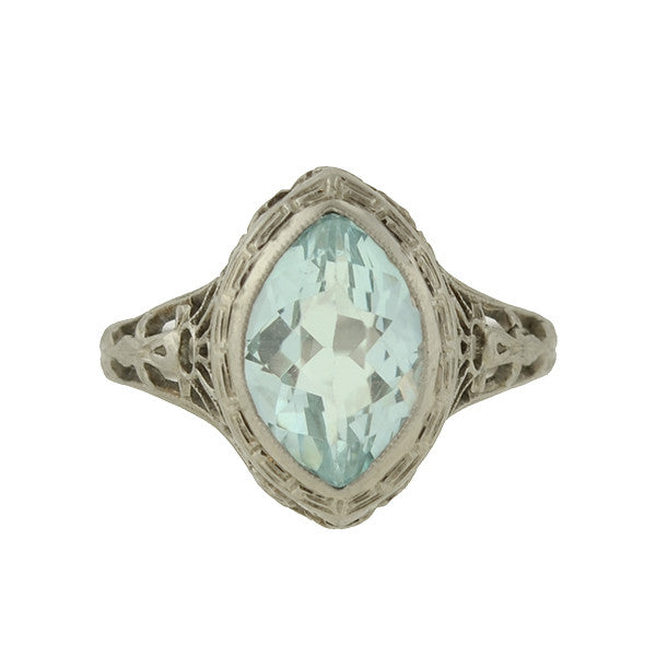 Art Deco 14kt Aquamarine Navette Filigree Ring 1.75ctw