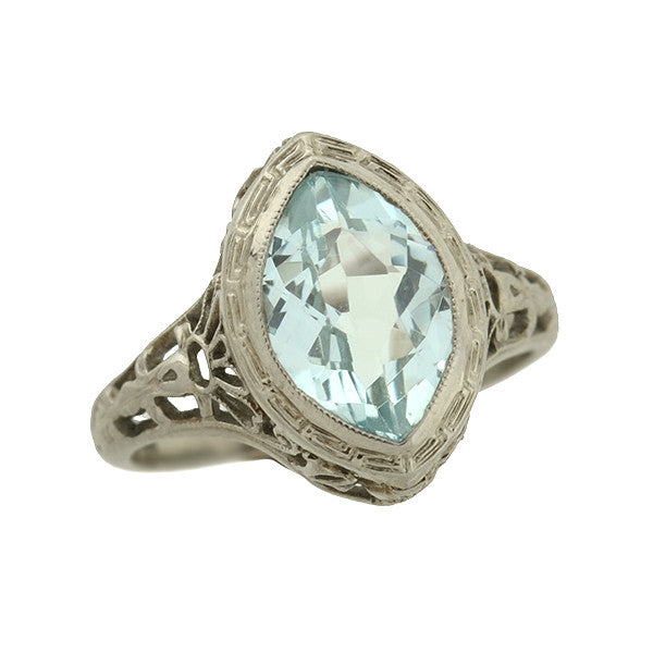 Art Deco 14kt Aquamarine Navette Filigree Ring 1.75ctw