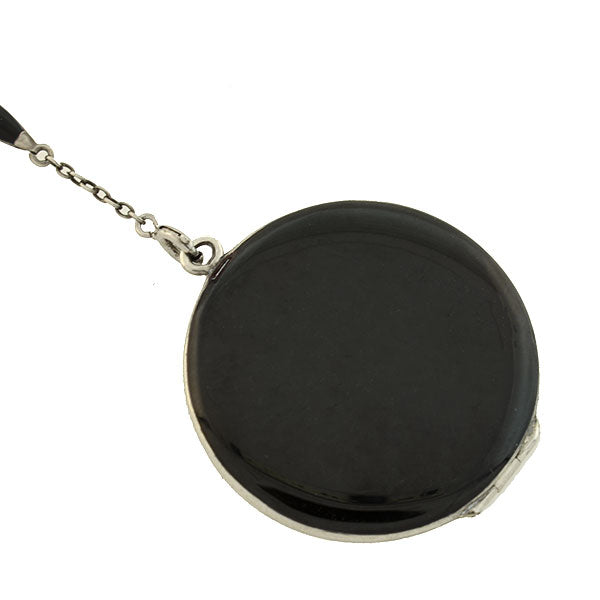 Art Deco Sterling & Black Enamel Locket Lorgnette Necklace