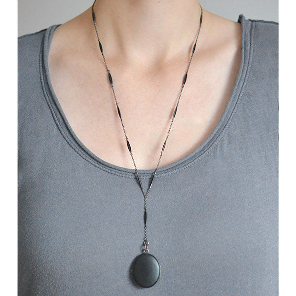 Art Deco Sterling & Matte Black Enamel Locket Necklace