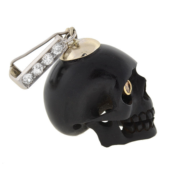 Estate 14kt Carved Jet Skull & Diamond Pendant