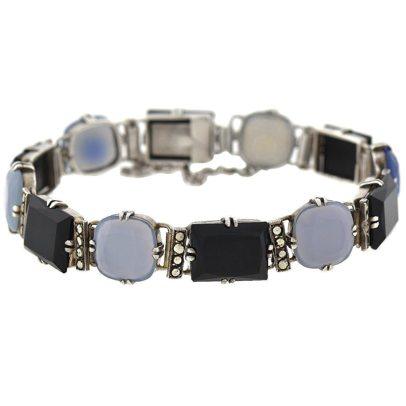 Art Deco Sterling Silver Chalcedony, Onyx + Marcasite Link Bracelet