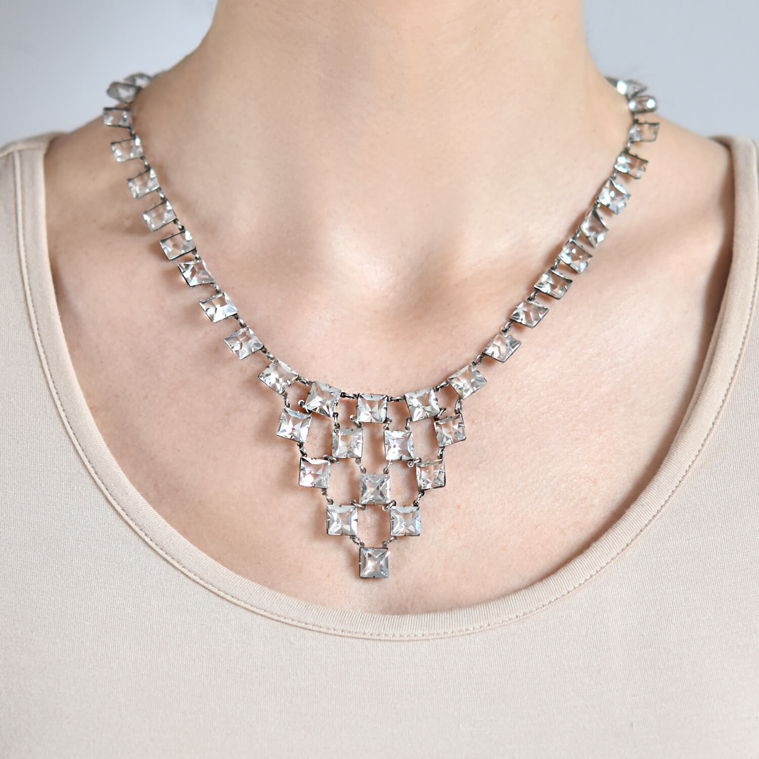 Art Deco Sterling Silver Square Cut Crystal Festoon Necklace