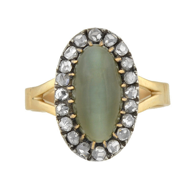 Victorian 14kt/Silver Cat's Eye Chrysoberyl Diamond Cluster Ring