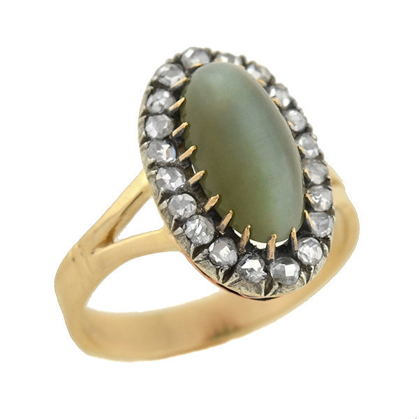 Victorian 14kt/Silver Cat's Eye Chrysoberyl Diamond Cluster Ring