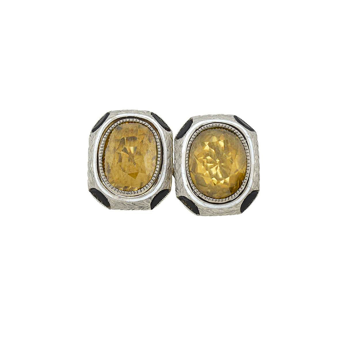 Art Deco 18kt White Enameled Citrine + Onyx Cufflinks