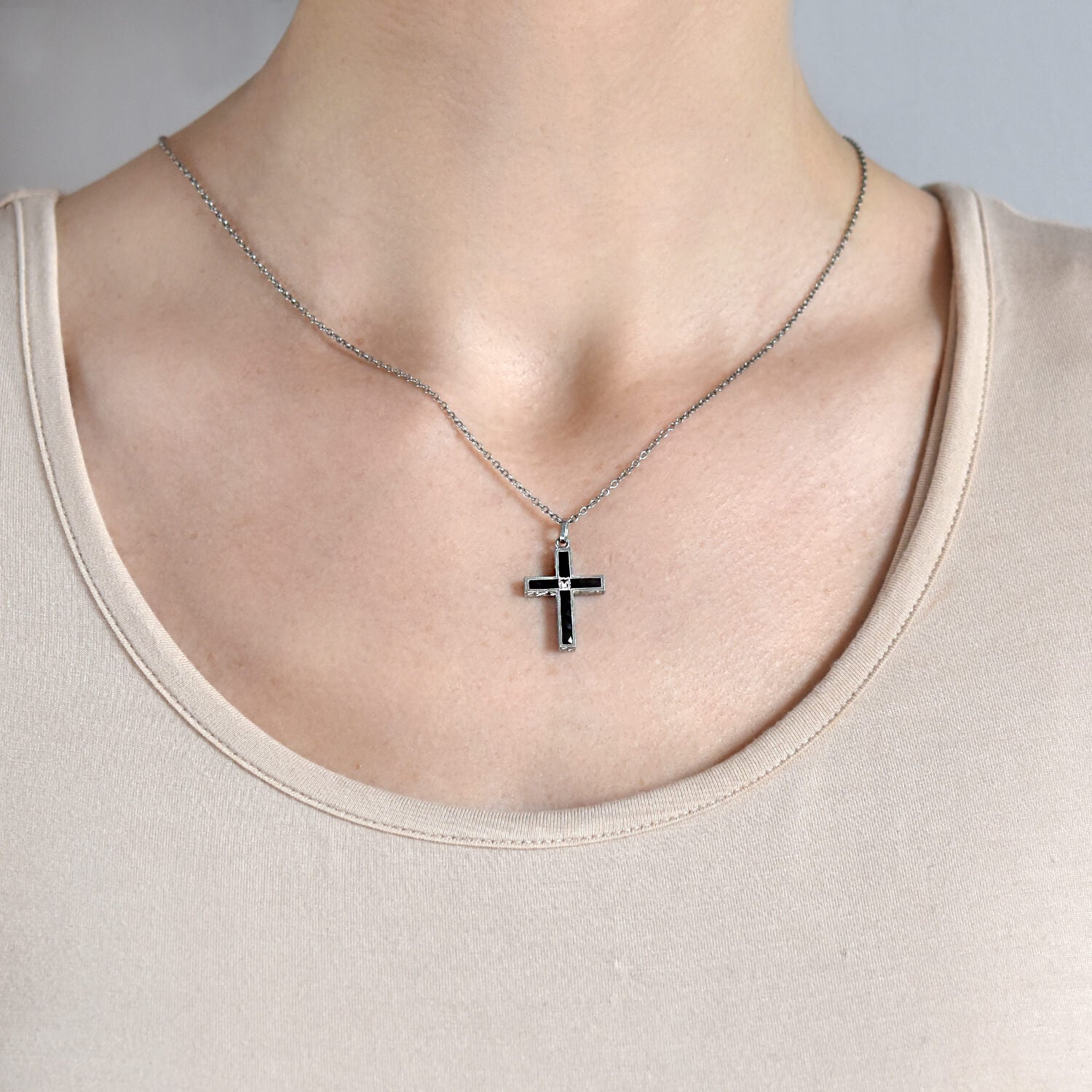 Art Deco Platinum French Cut Onyx + Diamond Cross Pendant