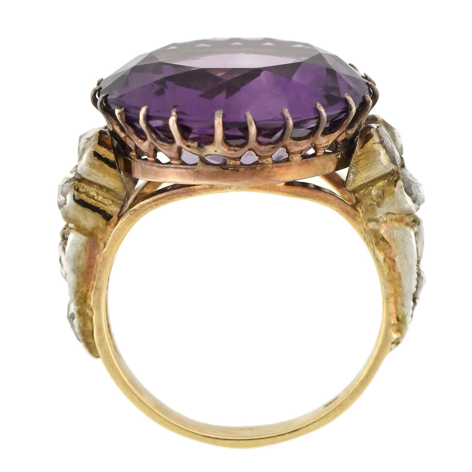 Edwardian 14kt Large 14ct Amethyst + Diamond Ring