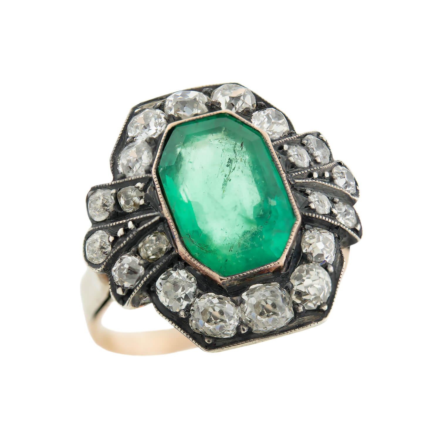 Victorian 15k + Sterling 3.50ctw Emerald + Diamond Cluster Ring