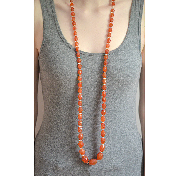 Art Deco Faceted Carnelian & Rock Quartz Crystal Necklace 46"