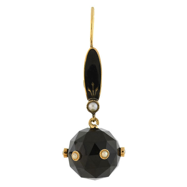 Victorian 14kt Faceted Onyx Sphere + Pearl Enameled Earrings