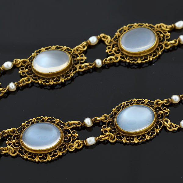 Victorian 14kt Moonstone + Pearl Filigree Earring Necklace Set